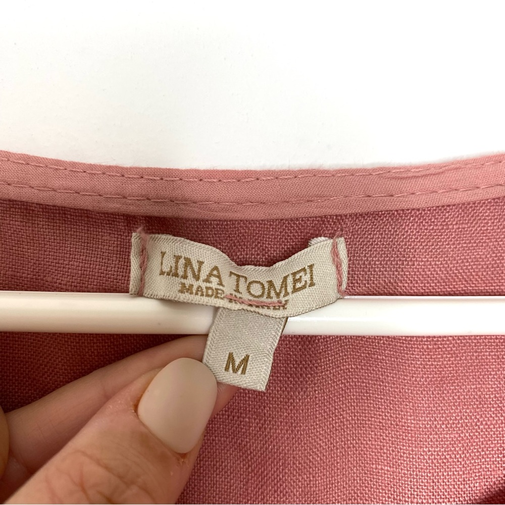Lina Tomei Linen Floral Embroidered Trim Short Sleeve Pullover Blouse Dusty Rose - Picture 2 of 8